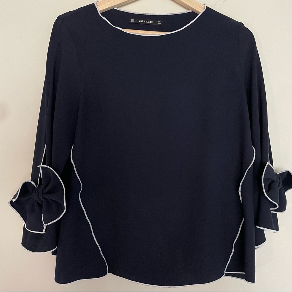 Zara Basics Navy Blue White Stitching Bow Sleeve Shirt Women’s Size Small
